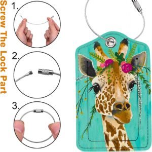 2 Pack Luggage Tag for Suitcase, Cute Unique Leather Bag Tags Identifiers Privacy Cover ID Label with Durable Steel Loop for Women Men Kids Girls Travel, Giraffe