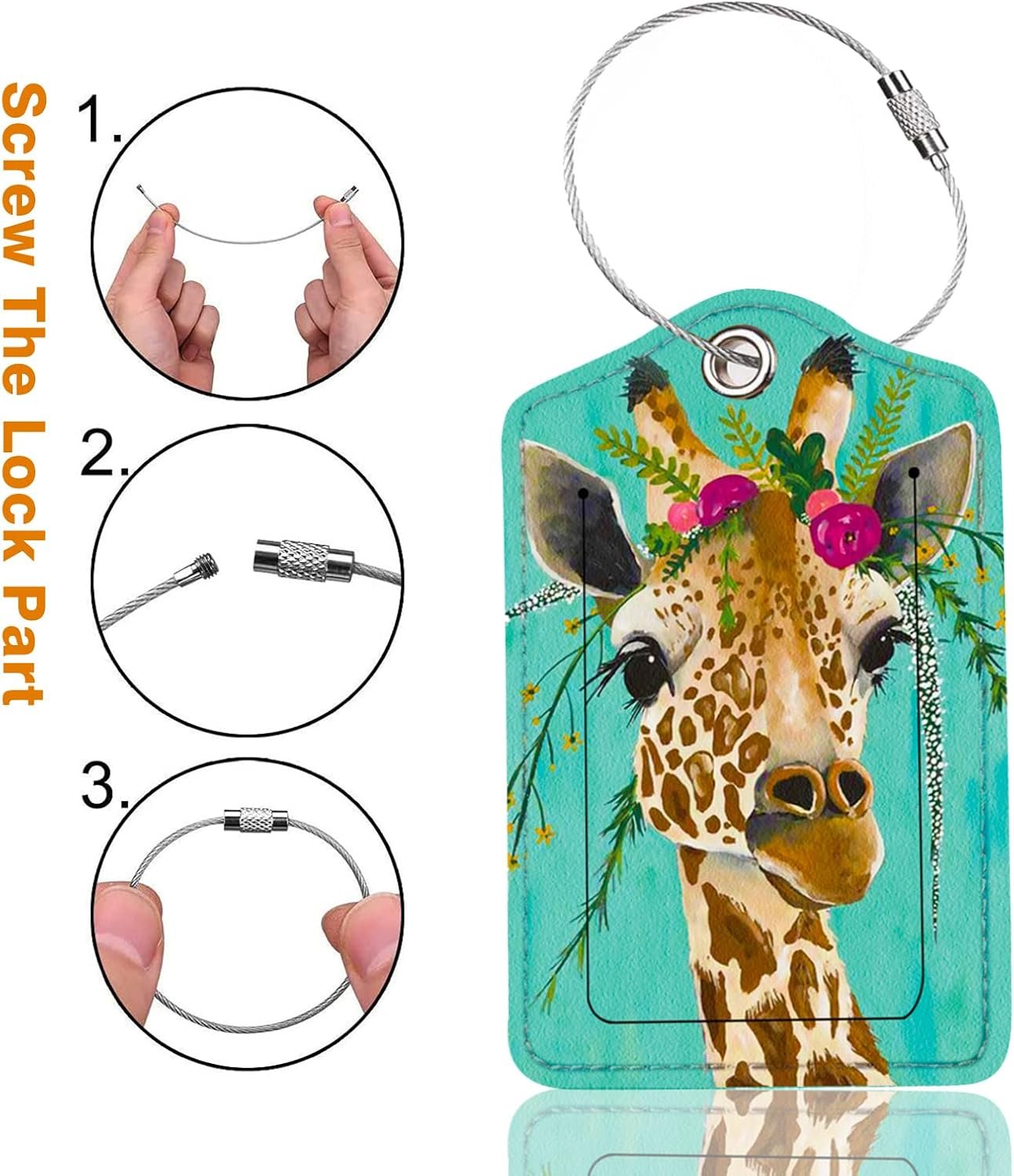 2 Pack Luggage Tag for Suitcase, Cute Unique Leather Bag Tags Identifiers Privacy Cover ID Label with Durable Steel Loop for Women Men Kids Girls Travel, Giraffe - Image 2
