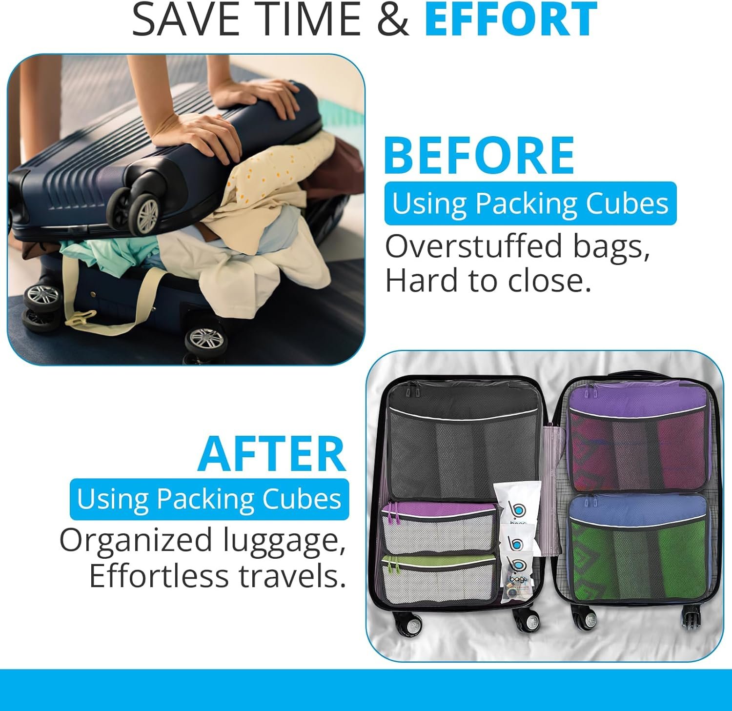 bago 8 Pcs Packing Cubes for Travel - 5 Travel Packing Cubes for Suitcases with 3 ZipLock Bags, Luggage Organizer Bags to Get Maximum Storage, Save Time & Effort to Pack (Black Blue Purple Green Pink) - Image 6
