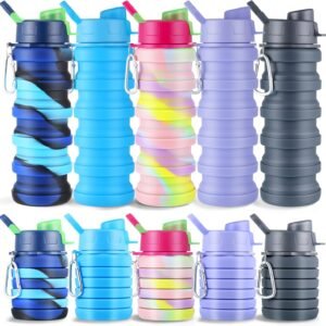 5 Pcs Collapsible Water Bottles, 16 oz Portable Foldable Water Bottle with Metal Clip Silicone Leakproof Travel Waters Bottle Reusable Sports Waters Bottles for Travel Camping Hiking Cycling