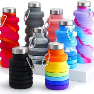 8 Pcs Collapsible Water Bottles 17oz Silicone Reusable Foldable Water Bottles with Carabiner Lightweight BPA Free Expandable Leakproof for Gym, Travel Camping, Hiking Outdoor Indoor Sport