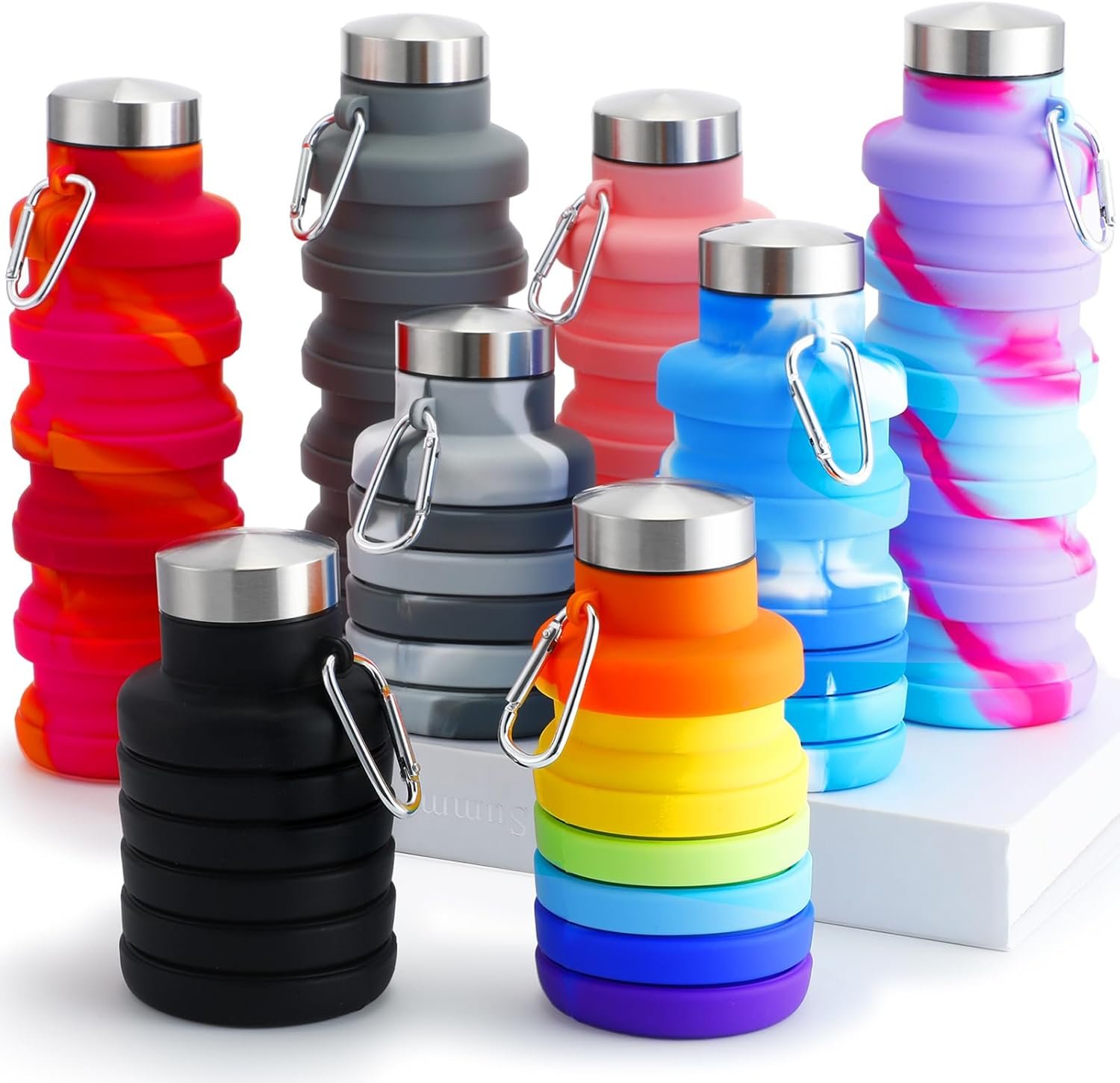 8 Pcs Collapsible Water Bottles 17oz Silicone Reusable Foldable Water Bottles with Carabiner Lightweight BPA Free Expandable Leakproof for Gym, Travel Camping, Hiking Outdoor Indoor Sport