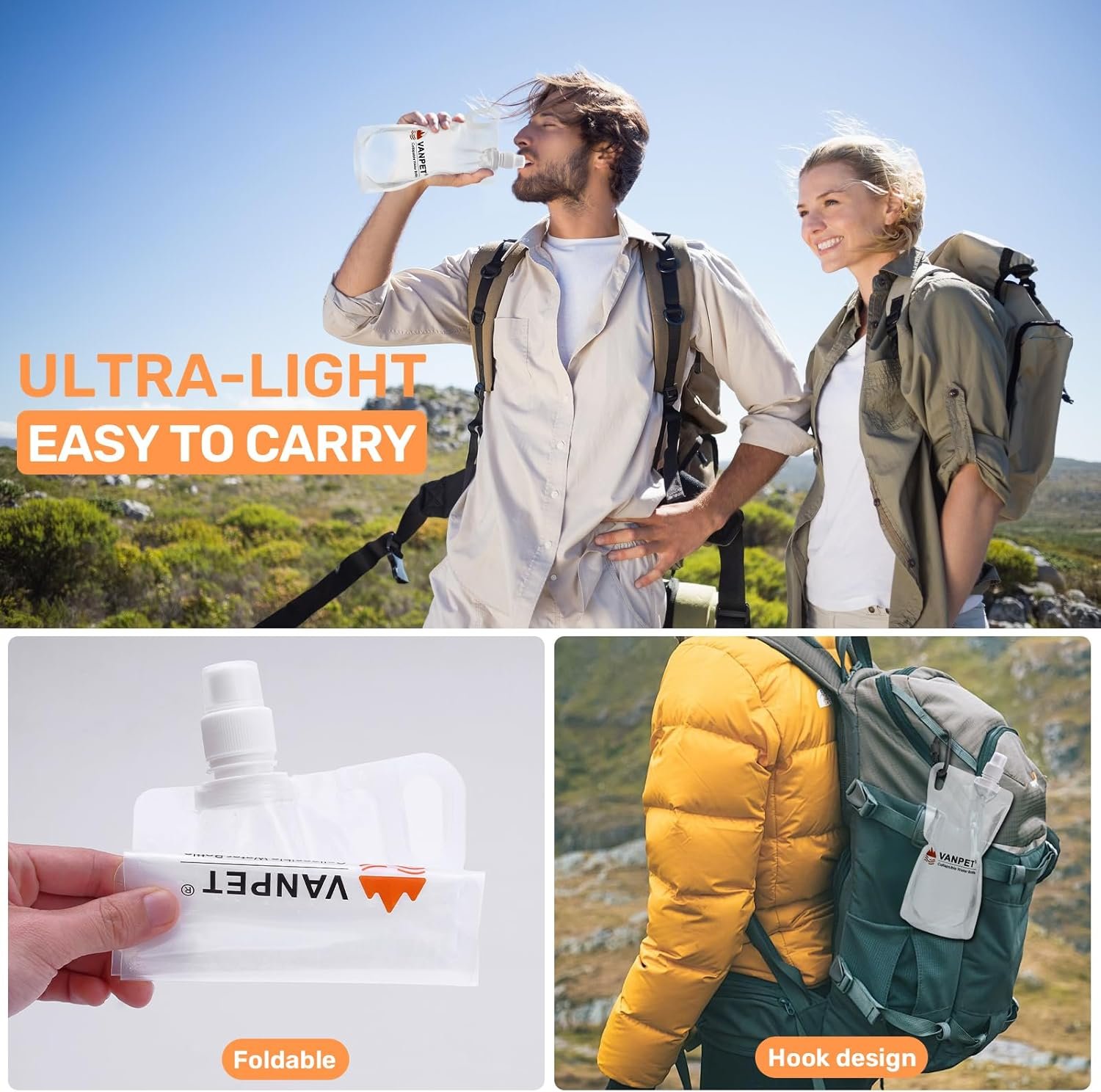 1L Hiking Collapsible Water Bottles, 33OZ BPA-Free Plastic Flasks, Reusable Drink Bags, Foldable Backpacking Water Bottle for Travel Camping Hiking (2-Pack) - Image 5