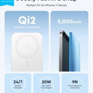 Anker Nano MagSafe Power Bank, Ultra-Slim 5,000mAh Magnetic Wireless Charging Battery, Qi2 Certified 15W Max MagSafe-Compatible Portable Charger, Ergonomic Design, for iPhone Air/17/16 Series