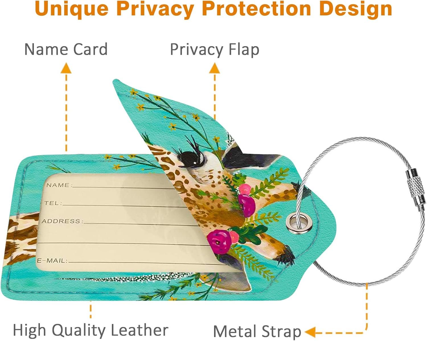 2 Pack Luggage Tag for Suitcase, Cute Unique Leather Bag Tags Identifiers Privacy Cover ID Label with Durable Steel Loop for Women Men Kids Girls Travel, Giraffe - Image 3