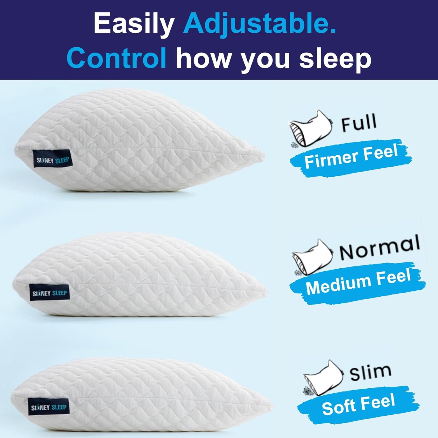 Sidney Sleep Adjustable Curved Contour Fill Pillow – Queen Size – for Side and Back Sleepers – Neck & Shoulder Comfort Support – Extra Fill Included (White) - Image 2
