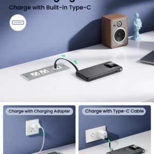 Portable Charger Power Bank with Built-in Type C Cables, 22.5W Fast Charging 10000mAh Phone Charger, Travel Battery Pack Slim Battery Bank with LED Display for iPhone, Android & USB-C (Black)