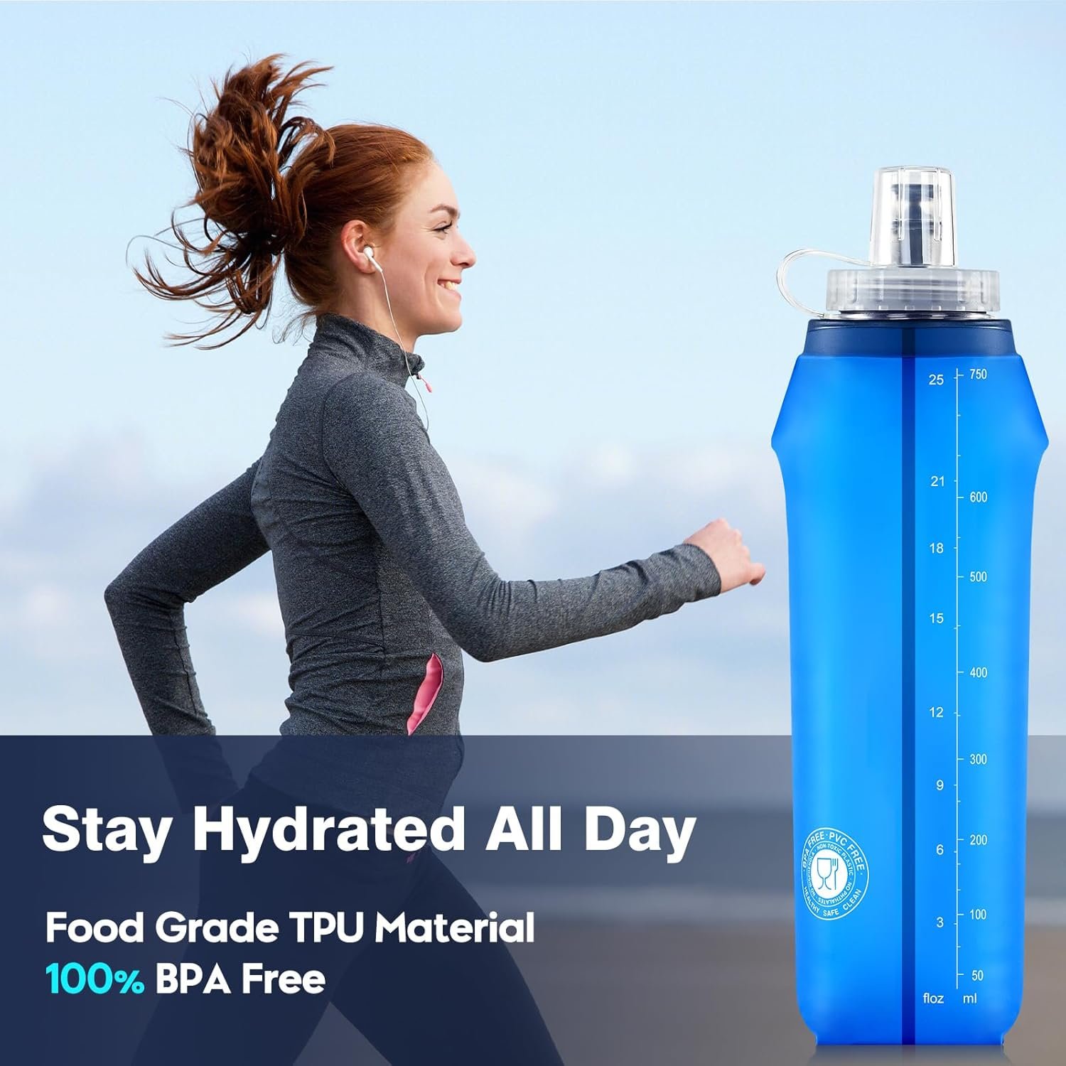 3 Pack Soft Water Bottle, 25oz/750ml Flask Running Bottles for Hydration Packs, TPU Collapsible Reusable Handheld Flasks for Hiking Cycling Climbing - Image 4