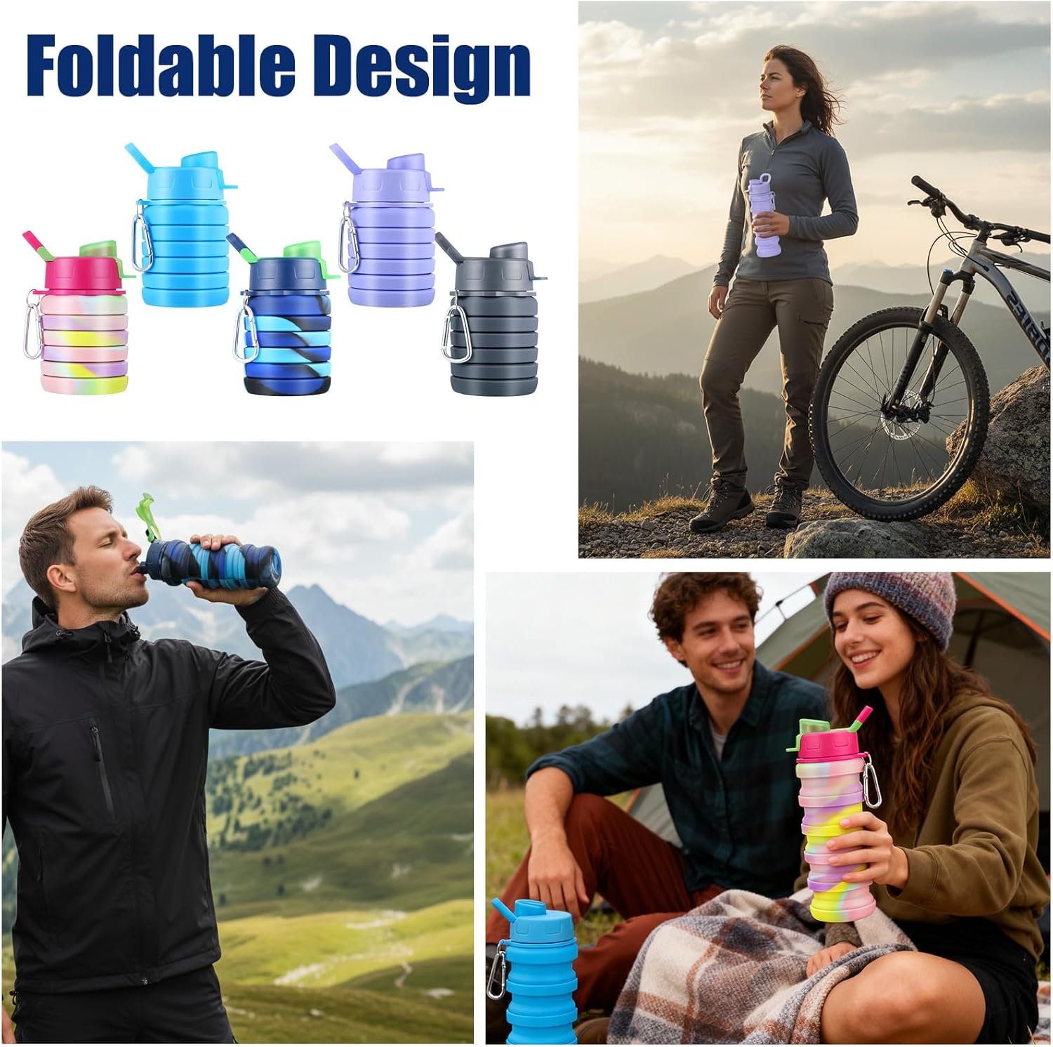5 Pcs Collapsible Water Bottles, 16 oz Portable Foldable Water Bottle with Metal Clip Silicone Leakproof Travel Waters Bottle Reusable Sports Waters Bottles for Travel Camping Hiking Cycling - Image 4