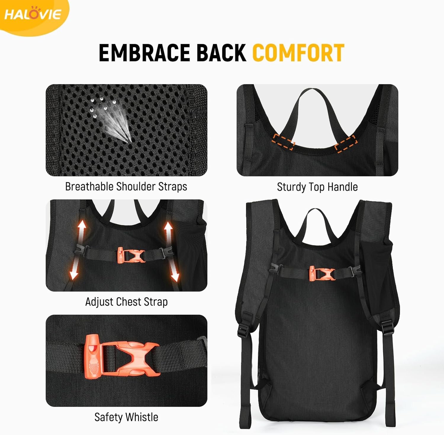 HALOVIE 15L Foldable Hiking Backpack Phone Pocket Lightweight Travel Daypack Shoulder with Chest Strap Small Packable Pack for Walking Women Men (Black) - Image 5