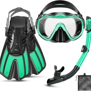 Snorkeling Gear for Kids Adults, 4 in 1 Travel Mask Fins Snorkel Set with Panoramic View Anti Fog Mask, Dry Top Snorkel, Trek Fins and Travel Bag, Snorkel Gear for Swimming Diving Snorkeling
