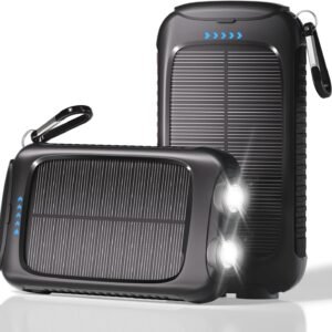 Portable Charger Solar Power Bank 8000mAh with USB-A and USB-C 5V/3A Output Port Black Battery Pack Compatible with iPhone, Samsung, Waterproof Emergency LED Flashlights Perfect for Camping, Hiking