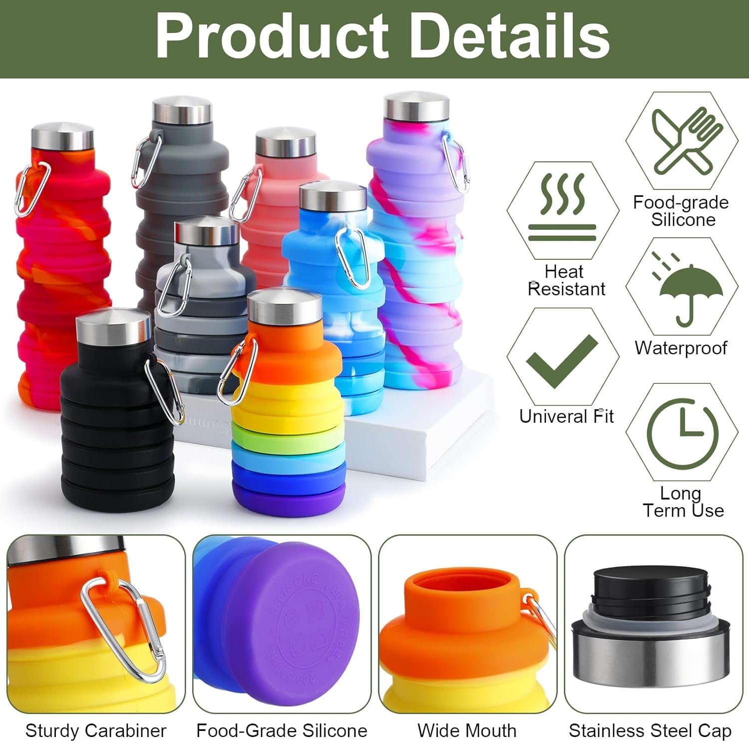 8 Pcs Collapsible Water Bottles 17oz Silicone Reusable Foldable Water Bottles with Carabiner Lightweight BPA Free Expandable Leakproof for Gym, Travel Camping, Hiking Outdoor Indoor Sport - Image 4