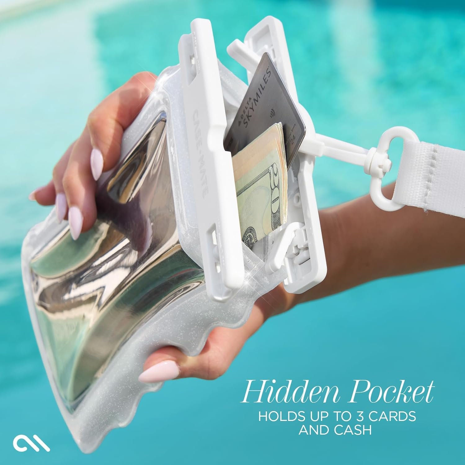 Case-Mate Wavy IP68 Waterproof Phone Pouch - Large Floating Phone Case w/Crossbody Lanyard - Cruise Ship Travel Essentials Compatible w/All Devices - Hidden Pocket for Card/Cash- Ivory Twinkle - Image 3