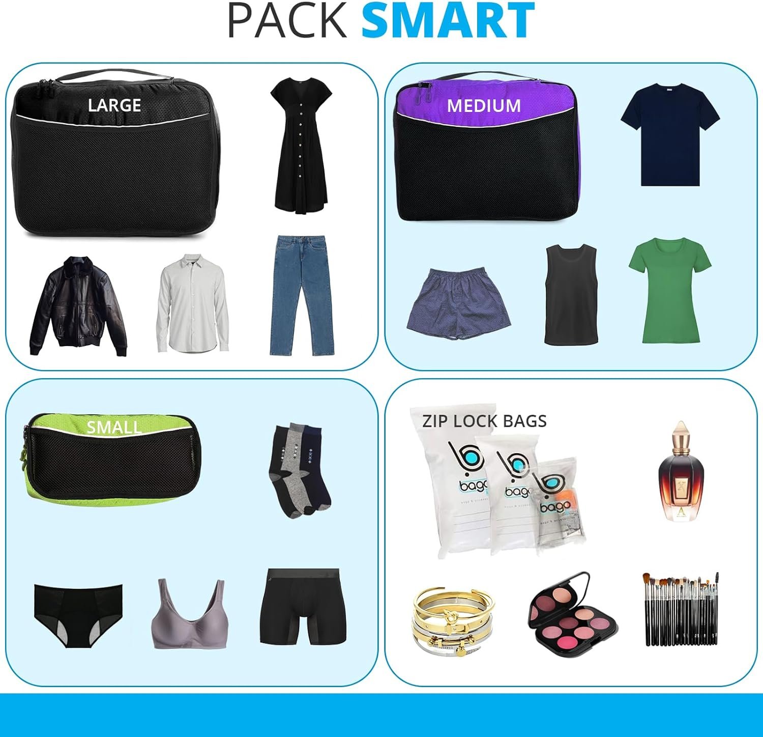 bago 8 Pcs Packing Cubes for Travel - 5 Travel Packing Cubes for Suitcases with 3 ZipLock Bags, Luggage Organizer Bags to Get Maximum Storage, Save Time & Effort to Pack (Black Blue Purple Green Pink) - Image 4