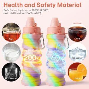 Collapsible Water Bottles for Travel, Foldable Sports Water Bottle for Kids, Reusable Water-proof Silicone Water Bottles with mountaineering Buckle for Camping Hiking Holiday