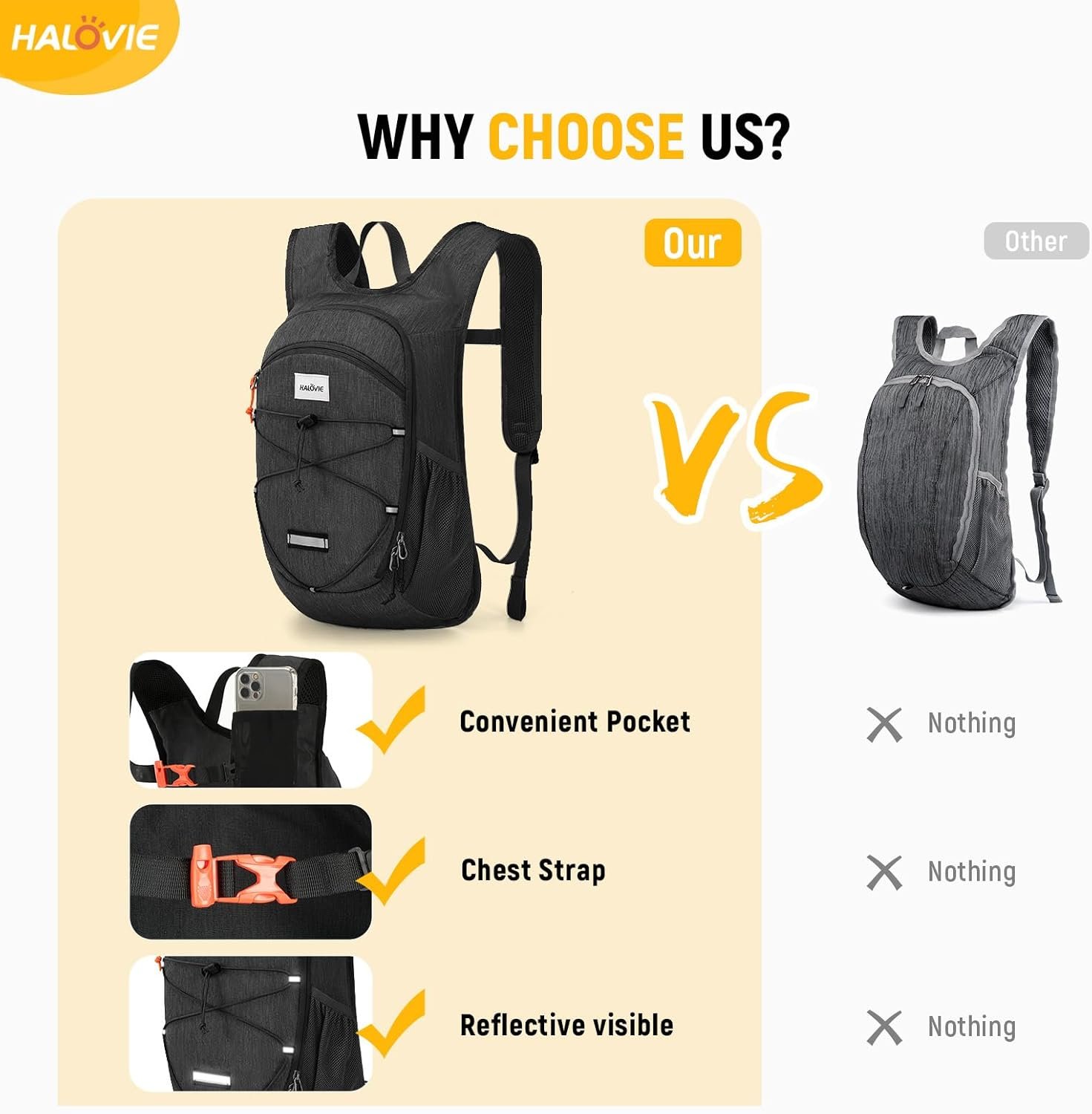 HALOVIE 15L Foldable Hiking Backpack Phone Pocket Lightweight Travel Daypack Shoulder with Chest Strap Small Packable Pack for Walking Women Men (Black) - Image 6