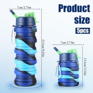 5 Pcs Collapsible Water Bottles, 16 oz Portable Foldable Water Bottle with Metal Clip Silicone Leakproof Travel Waters Bottle Reusable Sports Waters Bottles for Travel Camping Hiking Cycling