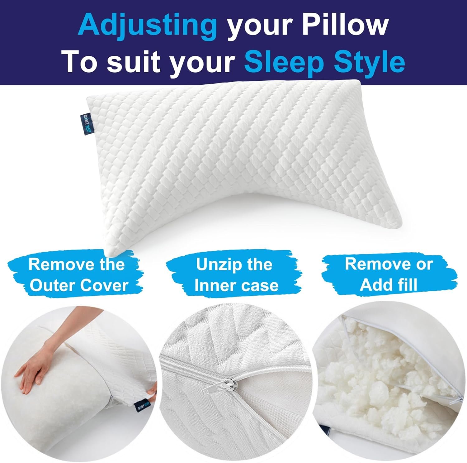 Sidney Sleep Adjustable Curved Contour Fill Pillow – Queen Size – for Side and Back Sleepers – Neck & Shoulder Comfort Support – Extra Fill Included (White) - Image 3