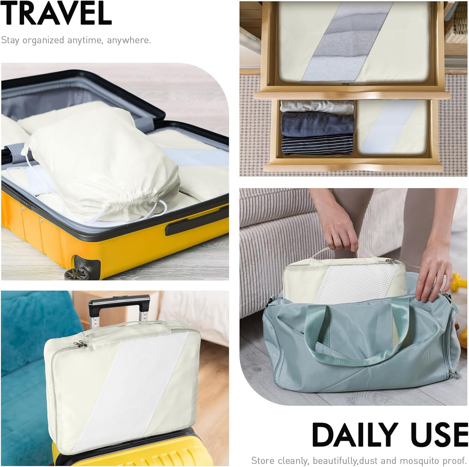 WVM Packing Cubes for Travel, 8-Piece Luggage Organizer Set with Shoe Bag, Toiletry Bag & Laundry Bag, Beige - Image 2
