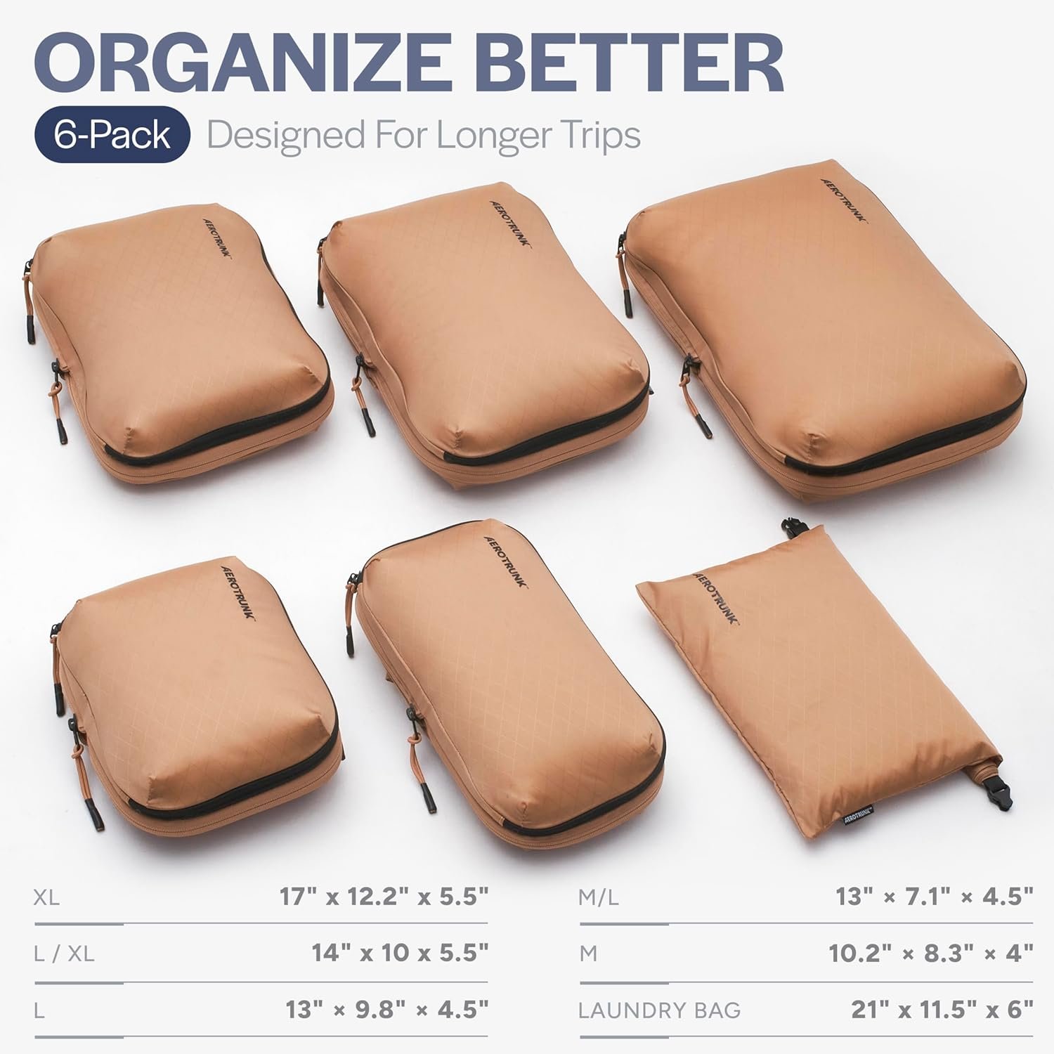 Aerotrunk Ultralight Compression Packing Cubes - Lightweight Travel Organizers for Suitcases and Luggage (6-Pack, Mocha) - Image 3