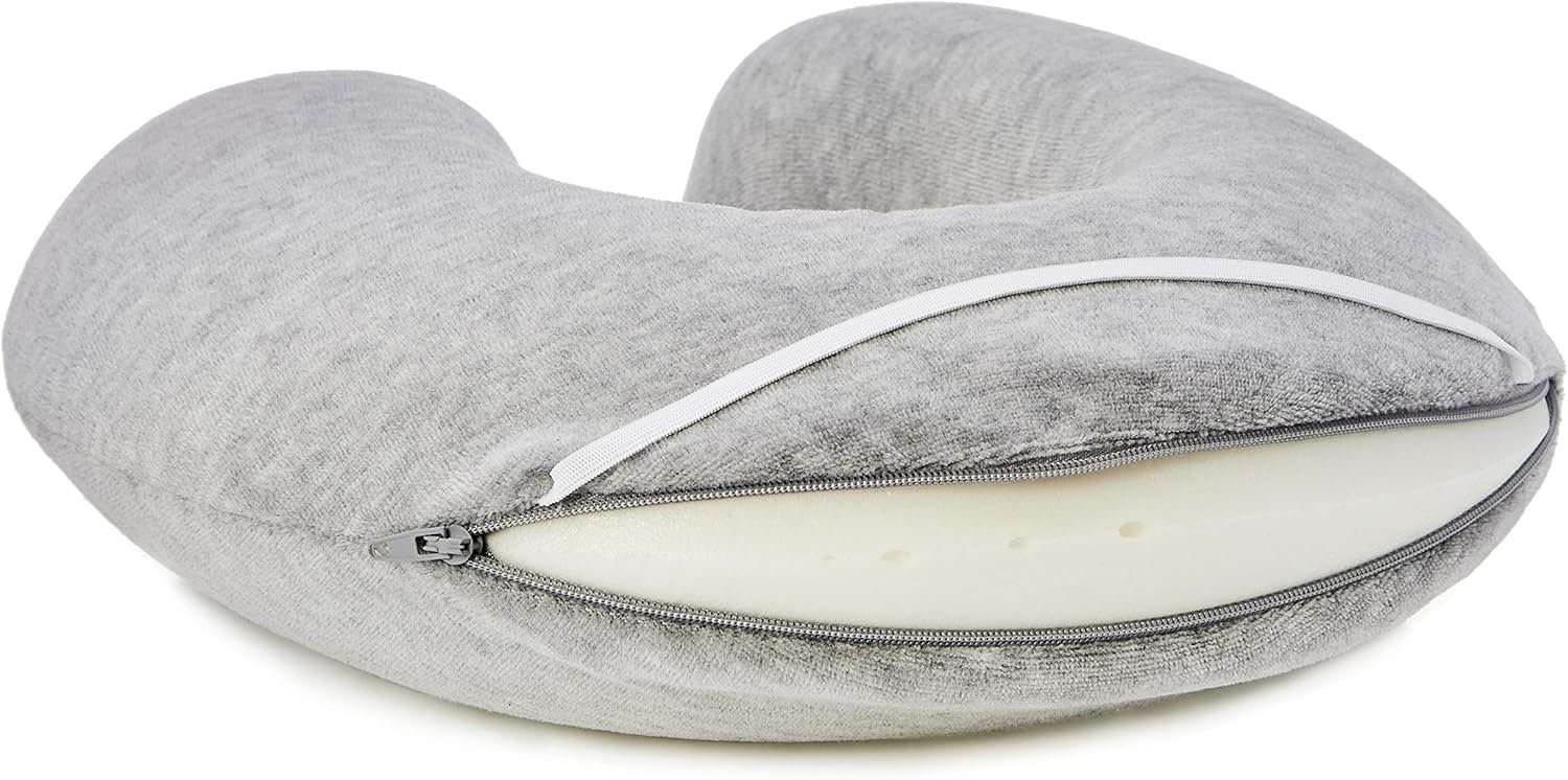 Amazon Basics Soft Memory Foam Semicircular Neck Pillow for Travel, Neck and Shoulder Support, Grey, Washable Cover - Image 2