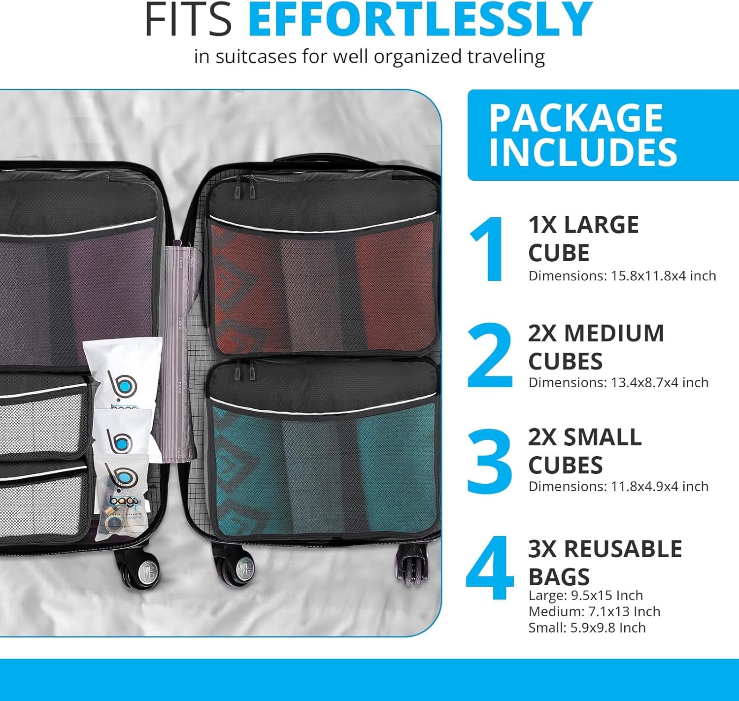 bago 8 Pcs Packing Cubes for Travel - 5 Travel Packing Cubes for Suitcases with 3 ZipLock Bags, Luggage Organizer Bags to Get Maximum Storage, Save Time & Effort to Pack (Black Blue Purple Green Pink) - Image 5