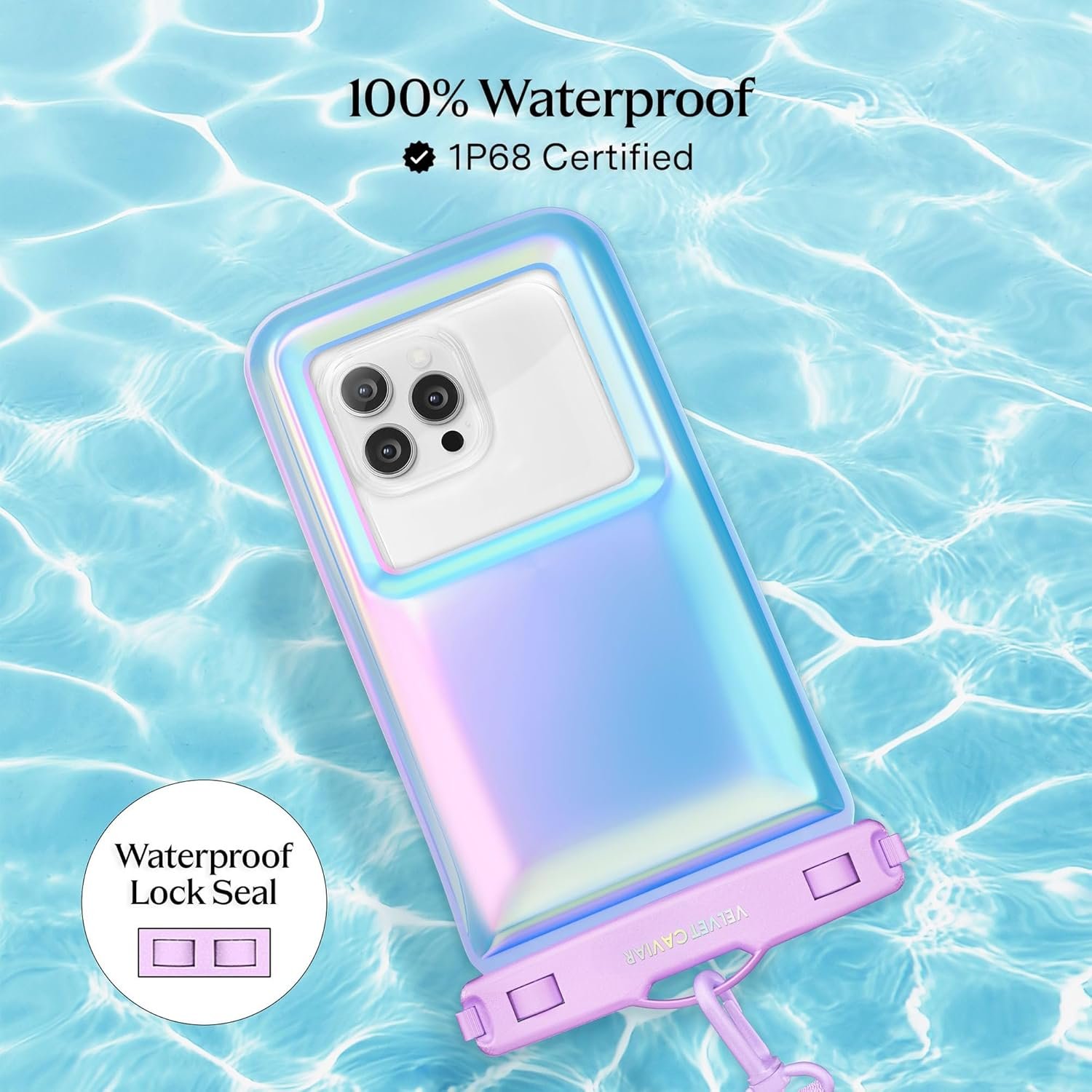 VELVET CAVIAR Waterproof Phone Pouch with Lanyard | IP68 Floating Case for iPhone & All Phones | Dry Bag for Snorkeling, Beach, Kayaking | Travel & Cruise Essentials for Women (Lavender Holo) - Image 3