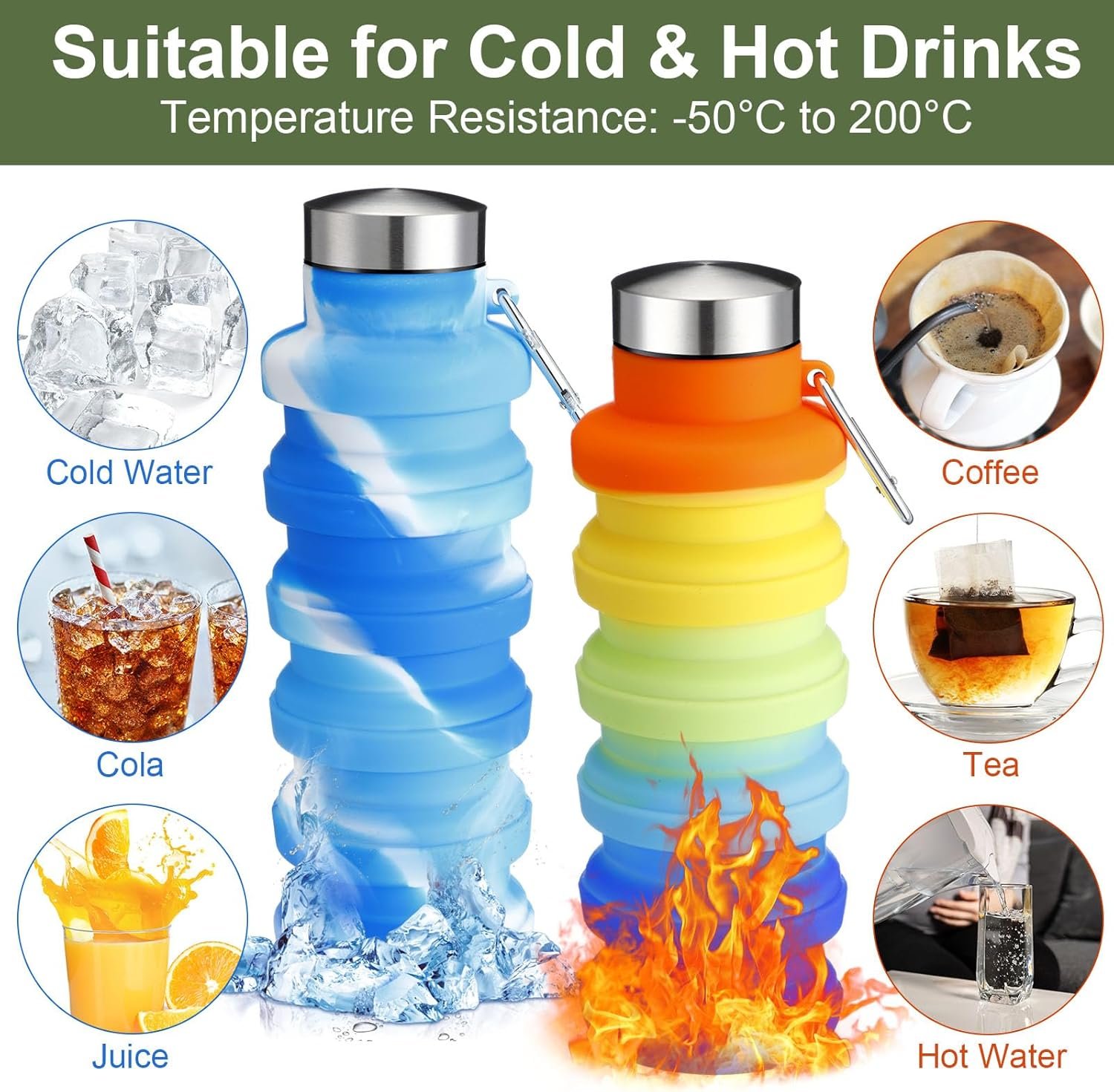 8 Pcs Collapsible Water Bottles 17oz Silicone Reusable Foldable Water Bottles with Carabiner Lightweight BPA Free Expandable Leakproof for Gym, Travel Camping, Hiking Outdoor Indoor Sport - Image 5