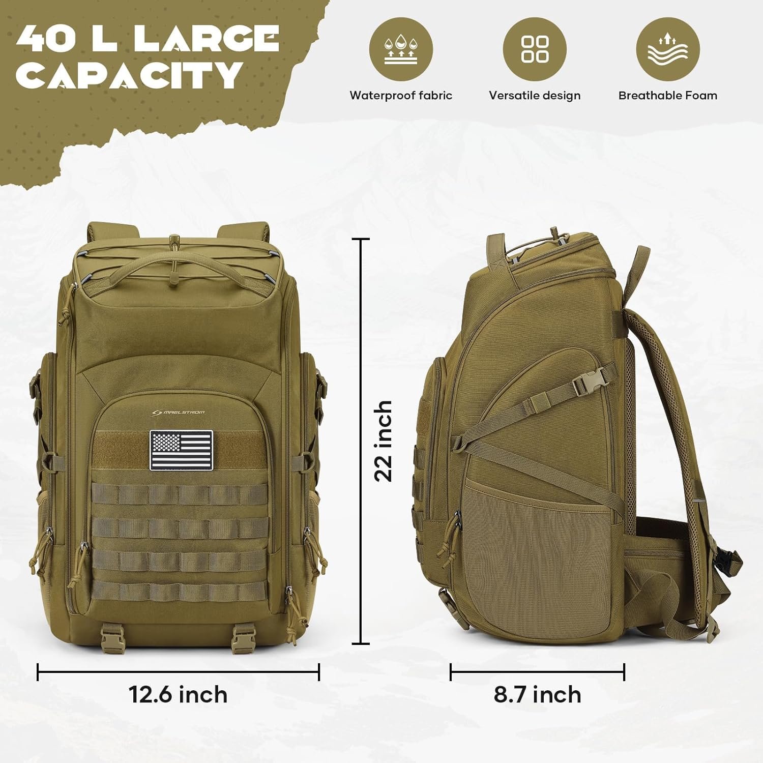 Maelstrom Tactical Backpack for Men, Water Resistant 40L Military Backpack, for Hiking, Camping, Gym with Molle System (Khaki) - Image 4