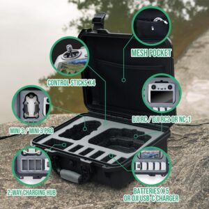 Drone Case for DJI Mini 3 or 4 Pro Fly More Combo, Hard Plastic Waterproof Shockproof Dust-proof Easy for Organize Storage Transport When Traveling Camping and Outdoor Use, Black
