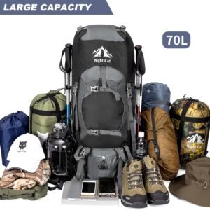 Night Cat Hiking Backpacks 70L Camping Backpacking Packs for Men Women Lightweight Outdoor for Mountaineering Traveling, No Internal Frame