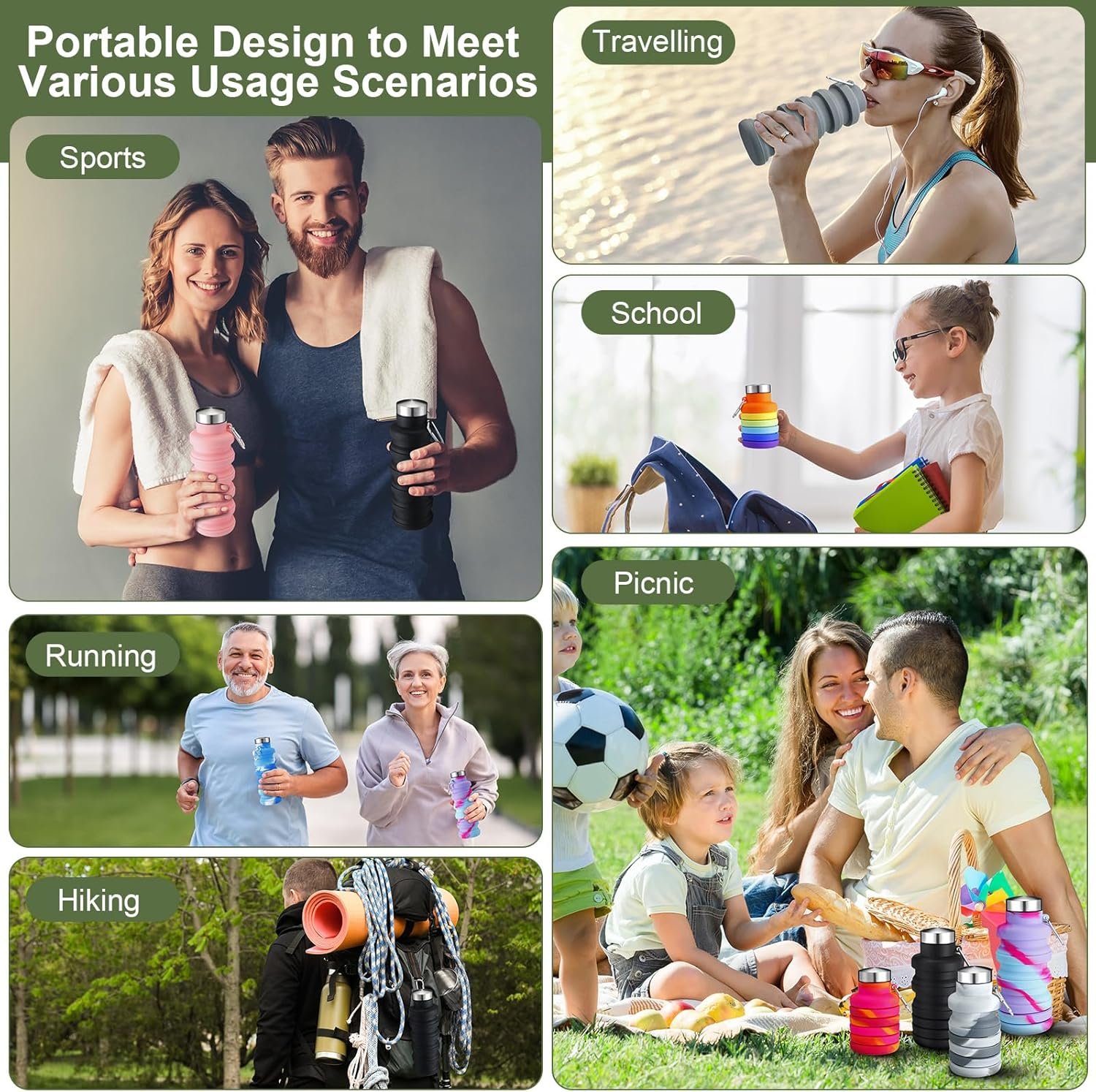 8 Pcs Collapsible Water Bottles 17oz Silicone Reusable Foldable Water Bottles with Carabiner Lightweight BPA Free Expandable Leakproof for Gym, Travel Camping, Hiking Outdoor Indoor Sport - Image 6