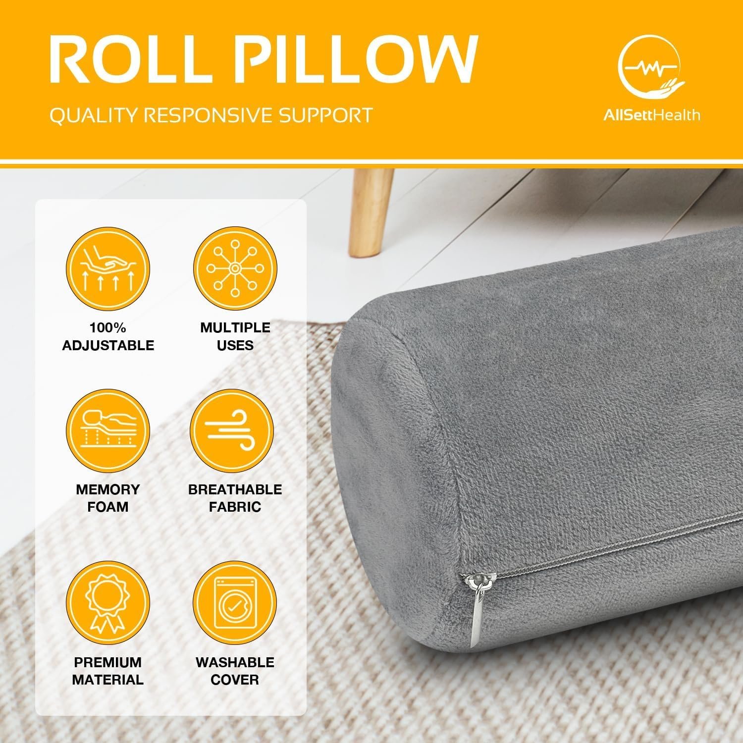 AllSett Health Firm Cervical Neck Roll Memory Foam Pillow, Bolster Pillow, Round Neck Support for Sleeping | Bolster for Bed, Legs, Back and Yoga - Image 2
