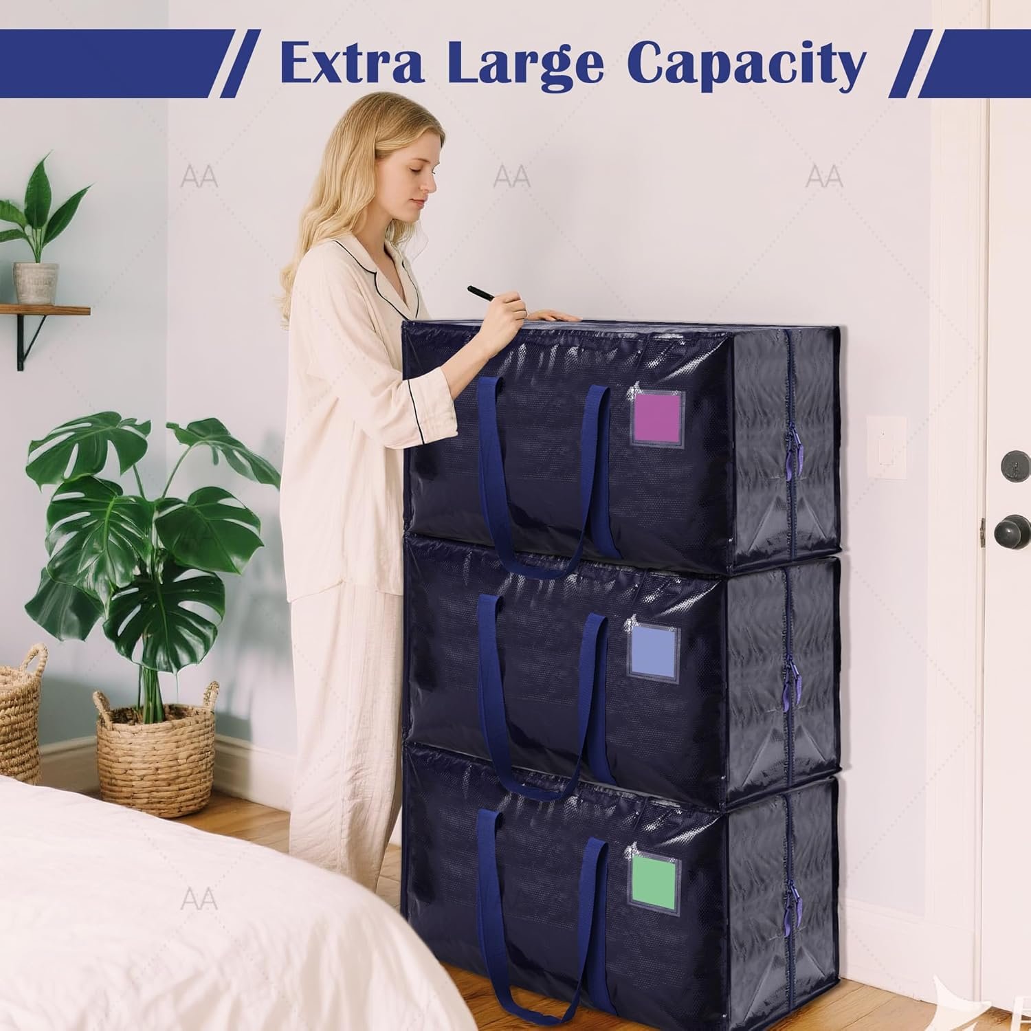 6 Pack Extra Large Heavy Duty Moving Bags with Reinforced Zipper & Wide Handles, Moisture-Resistant Storage Bins Packing Cubes for Clothes, College Dorm, Travel, and Home Organization, Dark Blue - Image 4