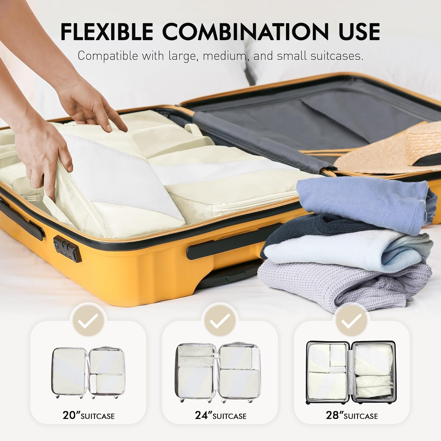WVM Packing Cubes for Travel, 8-Piece Luggage Organizer Set with Shoe Bag, Toiletry Bag & Laundry Bag, Beige - Image 4