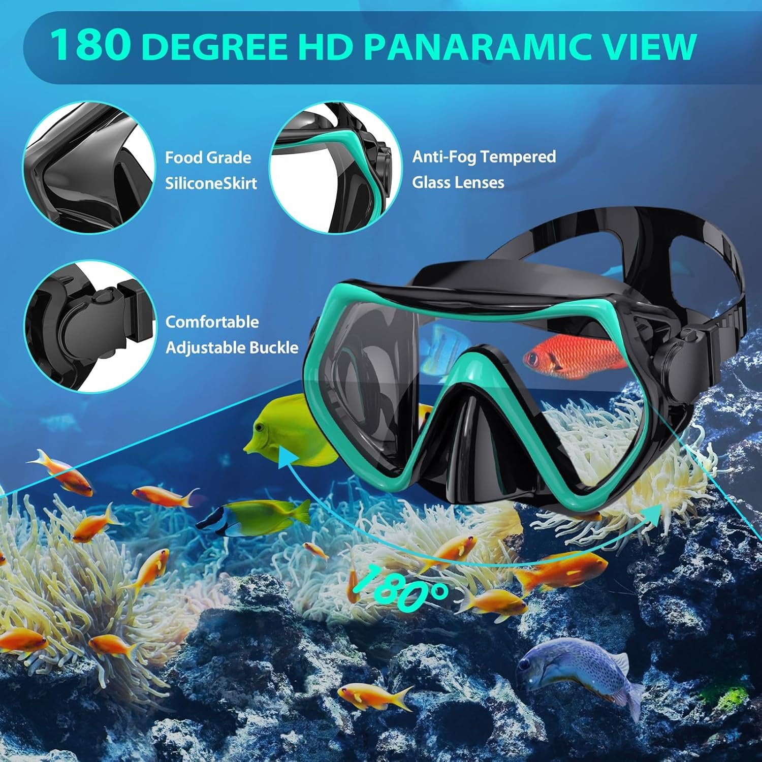Snorkeling Gear for Adults, Mask Fin Snorkel Set, Dry Top Snorkel, Snorkeling Kit Travel Diving Package, Panoramic View Anti-Fog Anti-Leak Adjustable Swim Fins - Image 2