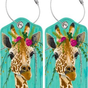2 Pack Luggage Tag for Suitcase, Cute Unique Leather Bag Tags Identifiers Privacy Cover ID Label with Durable Steel Loop for Women Men Kids Girls Travel, Giraffe