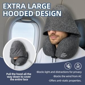 Travel Pillow with Extra Large Hood for Airplane Long Flights Privacy and Comfort Memory Foam with Skin-Friendly Cover for Road Trip Head&Neck Support for Plane Office Cars Sleeping & Rest (Grey)