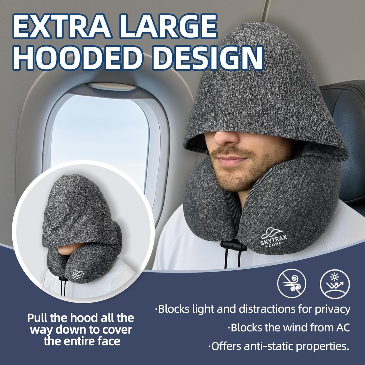 Travel Pillow with Extra Large Hood for Airplane Long Flights Privacy and Comfort Memory Foam with Skin-Friendly Cover for Road Trip Head&Neck Support for Plane Office Cars Sleeping & Rest (Grey) - Image 2