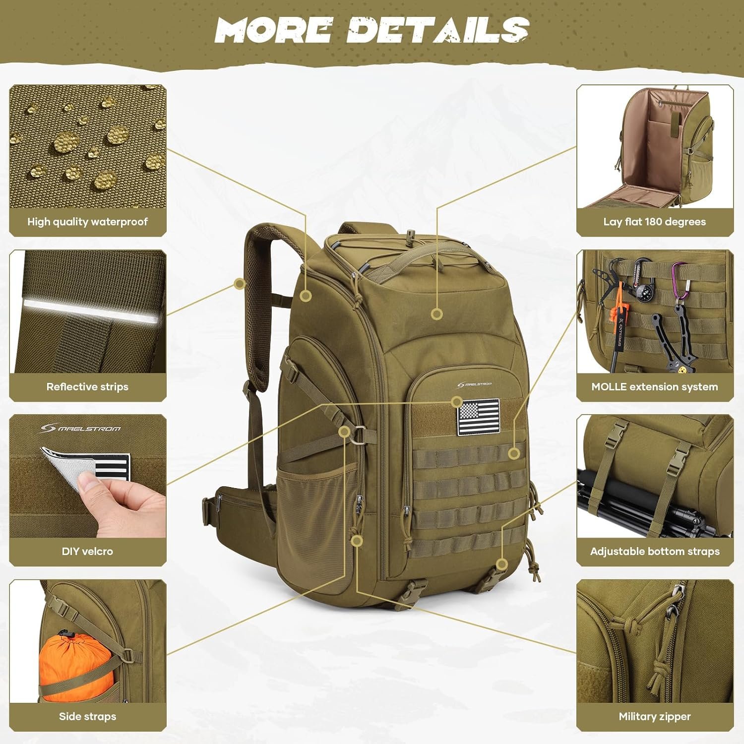 Maelstrom Tactical Backpack for Men, Water Resistant 40L Military Backpack, for Hiking, Camping, Gym with Molle System (Khaki) - Image 2