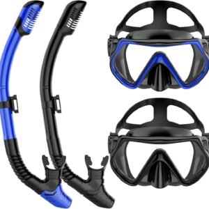 Snorkeling Gear for Adults, Adult Snorkel Mask Set Scuba Diving Dry-Top, Swimming Goggles w/Nose Cover, HD Tempered Glass Panoramic Anti-Leak Anti-Fog, Travel Snorkeling Packages Storage Bag, 2 Pack