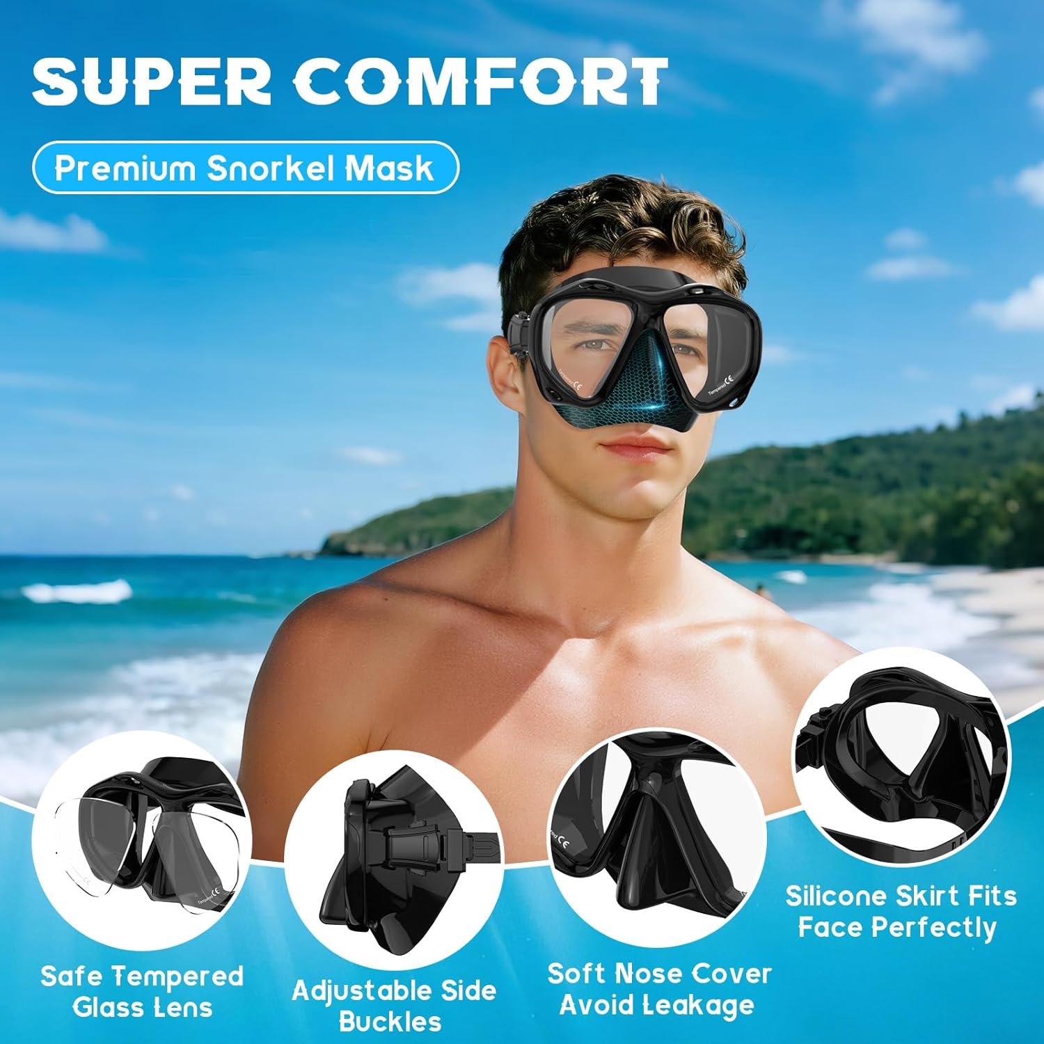 Snorkeling Gear for Adults, Dry Top Snorkel Mask Set, Diving Scuba Mask, Swimming Goggles with Nose Cover, HD Tempered Glass Panoramic Swim Freediving Anti-Leak Anti-Fog Travel Packages - Image 3