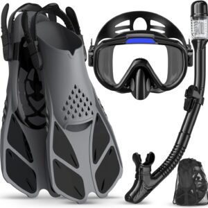 Snorkeling Gear for Adults Men Women,4 in 1 Snorkel Set with Panoramic View Diving Mask Anti-Fog Anti-Leak,Dry Top Snorkel,Fins and Travel Bag for Swimming,Snorkeling and Travel Diving