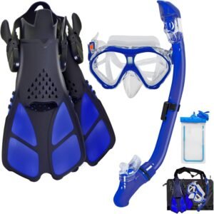 Kids Snorkeling Set Children Mask Fin Snorkel Set Snorkeling Gear Snorkel Mask + Adjustable Swimming Kids Flippers+ Dry Snorkel Tube + Travel Bags
