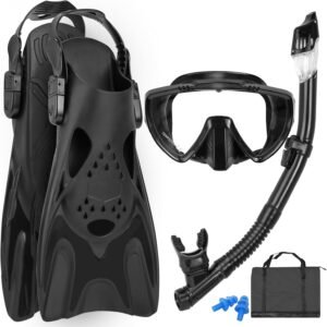 Snorkeling Gear for Adults, Mask Fins Snorkel Set, Panoramic View Diving Mask Anti-Fog, Anti-Leak, Dry Top Snorkel and Dive Flippers with Travel Bag for Snorkeling Swimming
