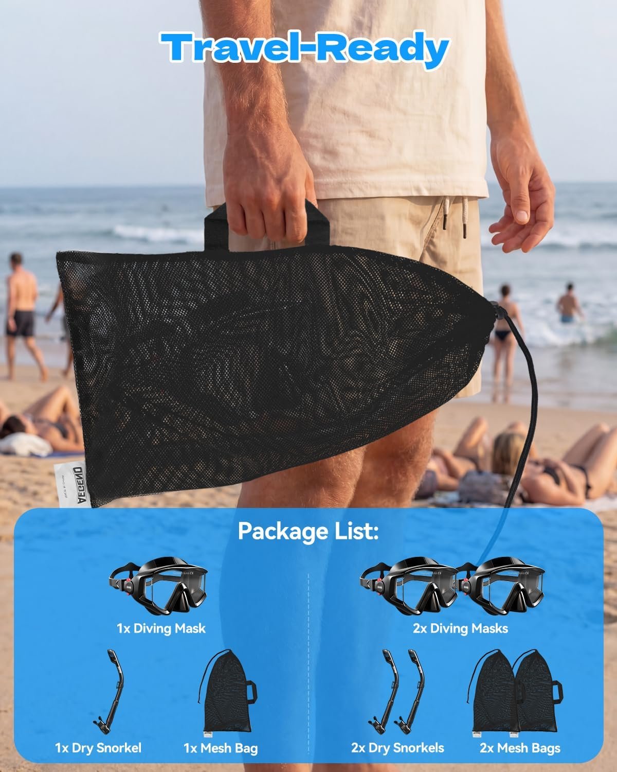 Aegend Snorkeling Gear for Adult Men Women: Diving Mask with Dry Snorkel Set - Anti Fog Panoramic Wide View with Mesh Bag for Snorkeling, Swimming & Diving - Image 7