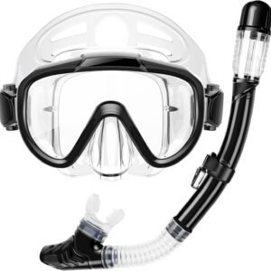 Snorkeling Gear for Adults, Dry Top Snorkel Set with Panoramic Anti-Leak and Anti-Fog Tempered Glass Lens, Adjustable Snorkeling Set for Scuba Diving Swimming Training Snorkel Kit