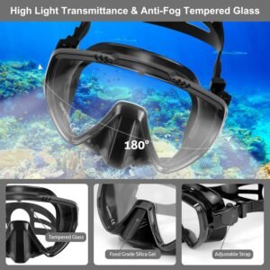 Snorkeling Gear for Adults, Mask Fins Snorkel Set, Panoramic View Diving Mask Anti-Fog, Anti-Leak, Dry Top Snorkel and Dive Flippers with Travel Bag for Snorkeling Swimming