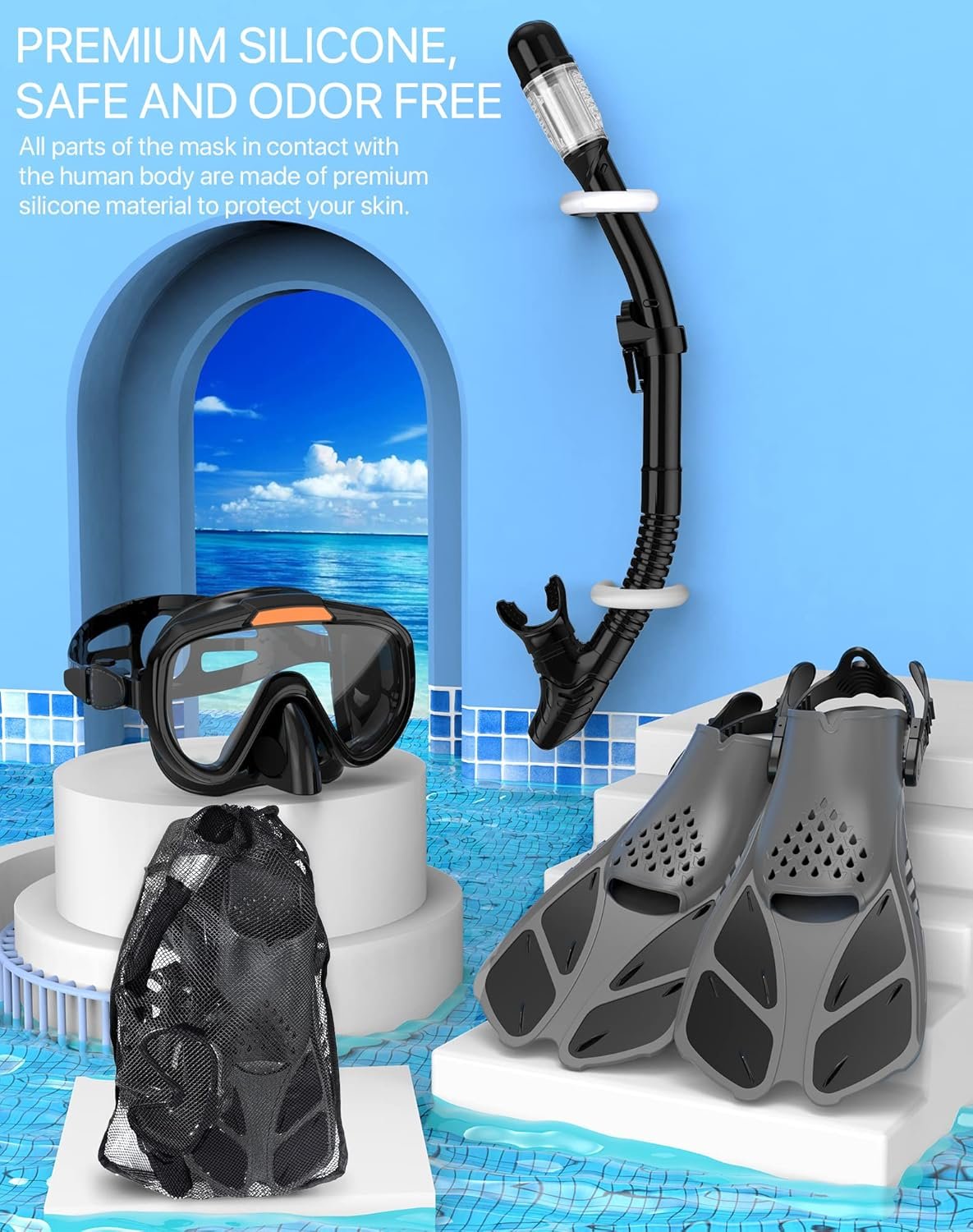 Snorkeling Gear for Adults Men Women,4 in 1 Snorkel Set with Panoramic View Diving Mask Anti-Fog Anti-Leak,Dry Top Snorkel,Fins and Travel Bag for Swimming,Snorkeling and Travel Diving - Image 5